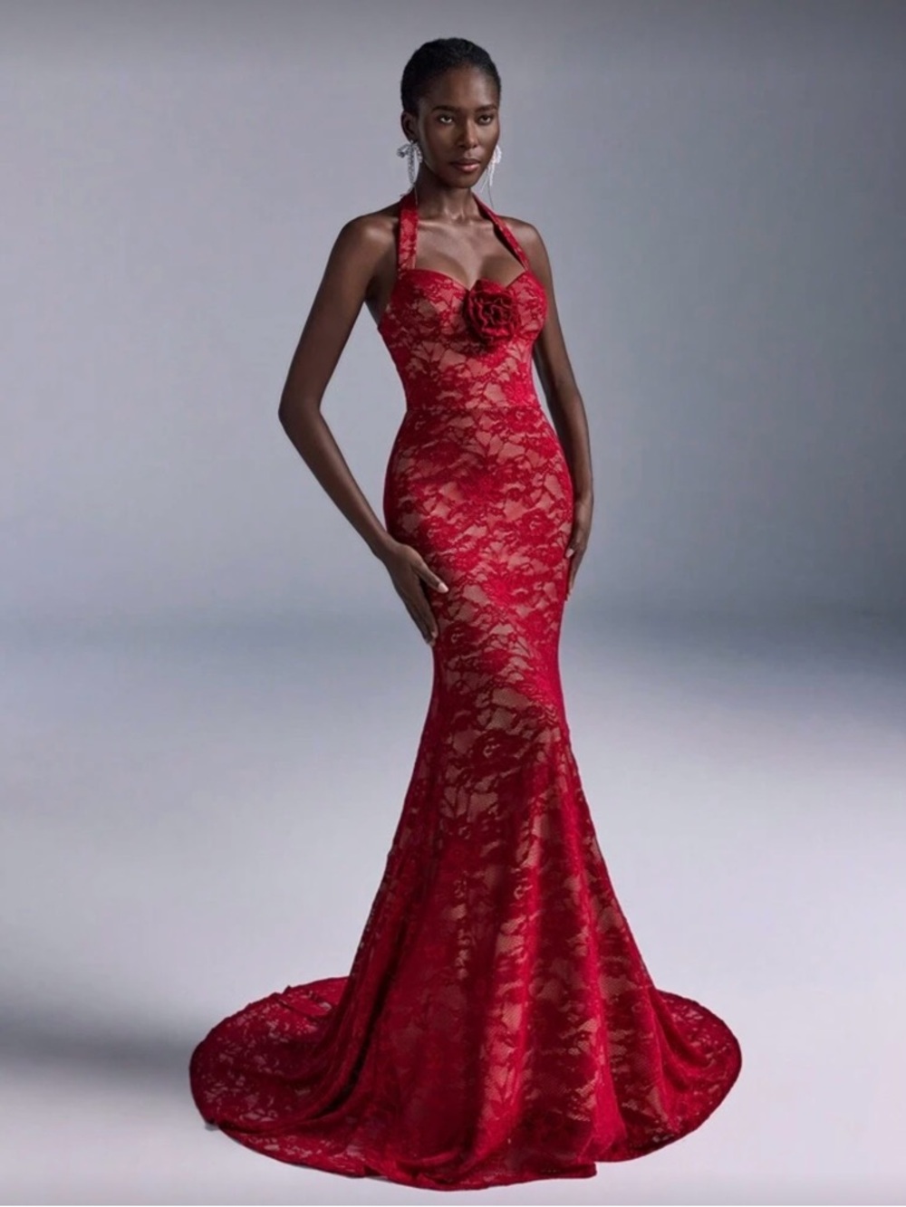 Red Lace Halter Mermaid Evening Dress